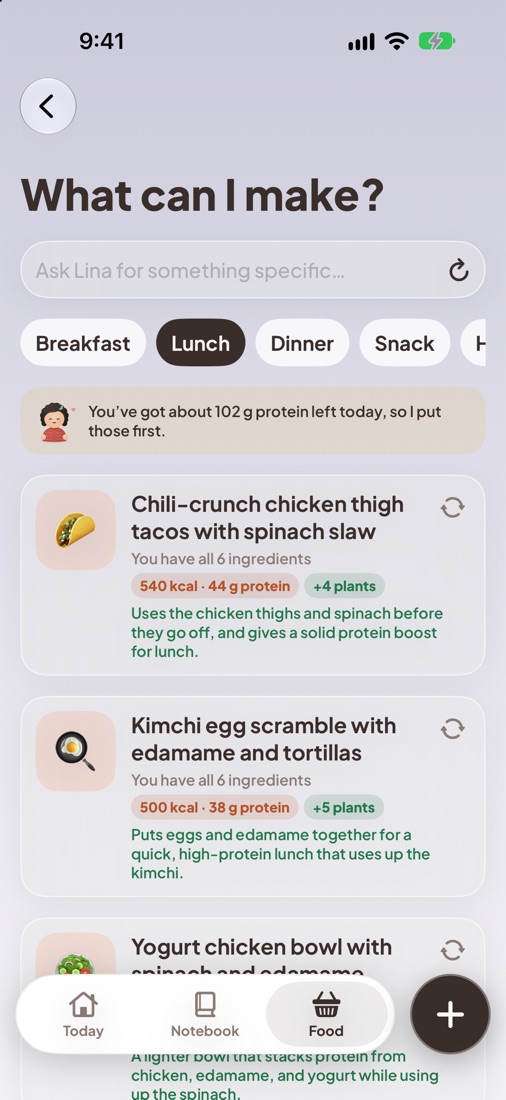 What can I make? screen with three meal ideas from your ingredients