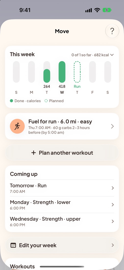 Move: this week's bars, planned workouts and Coming up