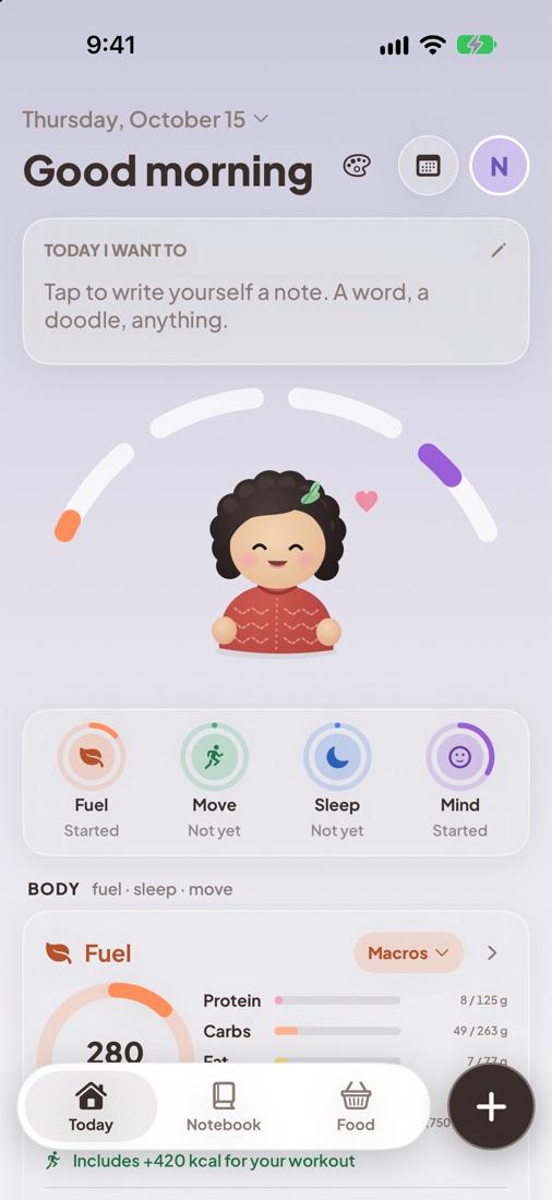 Lina's Today screen: Good morning, the arc with Lina, and Fuel, Move, Sleep and Mind