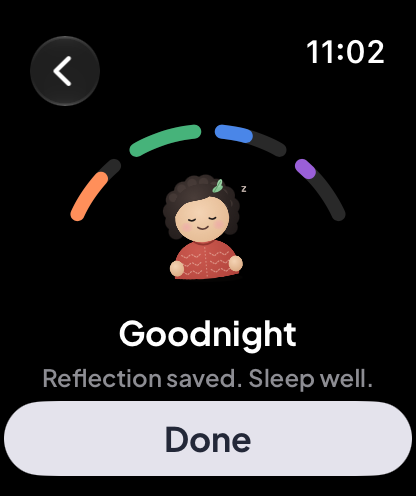 Apple Watch Goodnight screen with the arc and a sleepy Lina